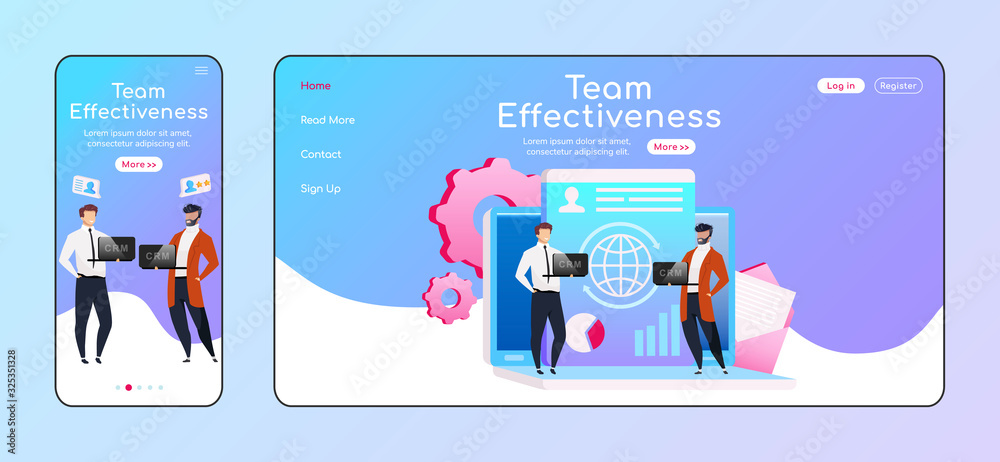 Poster team effectiveness adaptive landing page flat color vector template. employees keep laptops mobile a