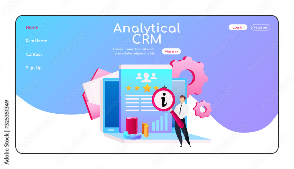Poster analytical crm landing page flat color vector template. man keeps magnifying glass homepage layout. 