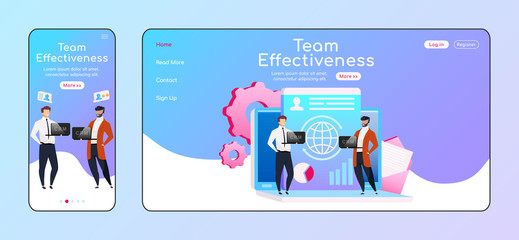 Team effectiveness adaptive landing page flat color vector template. Employees keep laptops mobile and PC homepage layout. Teamwork one page website UI. CRM system webpage cross platform design