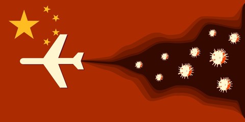 Spreading of viral infection. Medical science relative theme. Paper cut style. Air plane and viruses icons. Flag of the China