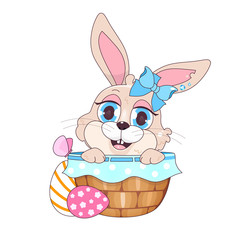 Cute Easter rabbit in basket with eggs kawaii cartoon vector character. Pascha symbol. Adorable and funny animal isolated sticker, patch. Anime baby girl smiling rabbit, hare emoji on white background