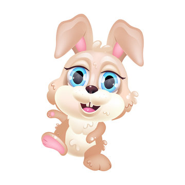 Cute Easter bunny kawaii cartoon vector character. Adorable and funny furry animal smiling and jumping isolated childish sticker, patch. Anime baby hare, happy rabbit emoji on white background