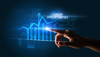 Hand touching CAREER OPPORTUNITIES button, business concept