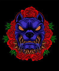 Angry dog head with rose flower on pattern background-vectir illustration art