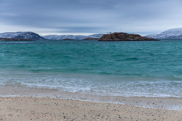 beautiful view over sand beach. Sommaroy, Norway . Polar night. long shutter speed