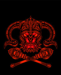 dog head with viking helmet in black background-vector retro illustration.