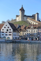 Fototapeta na wymiar View of the Munot Fortress in Schaffhausen and the Rhine