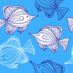 Hand drawn decorative vector pattern of tropical fishes. Doodle style. Black and white. Seamless background for wallpapers, postcards and posters. Underwater world.