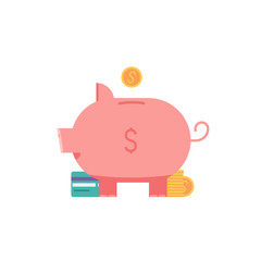 Pig element. Money in piggy bank with coins and credit card. Concept of banking, saving money, deposit, cash back. Vector illustration in flat design for UI, web banner, mobile app