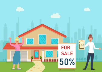 House for Sale Flat Cartoon Banner Vector Illustration. Woman Holding Plan on Paper. Real Estate Agency Concept. Agent Selling Building. New Property Investment, Character Buying Home.
