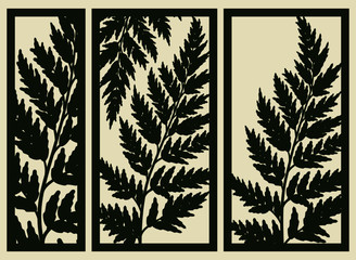 Laser cutting template. Fearn leaves. Die cut ornamental panels. Silhouette pattern. Cutout paperwork.  Stencils. Cabinet fretwork panel. Vector illustration