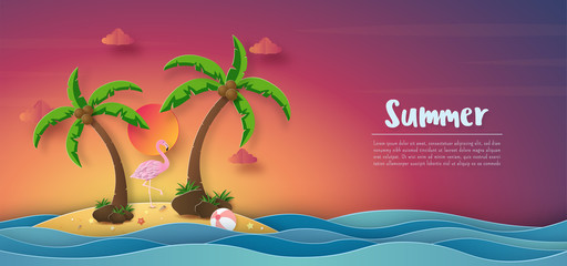 Tropical summer banner background, Sunset colorful sky and flamingo on the island with copy space, Paper cut style © NuTz