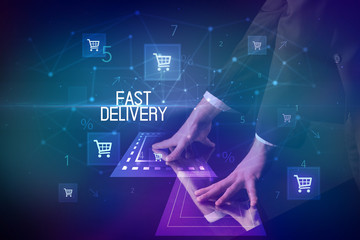 Online shopping with FAST DELIVERY inscription concept, with shopping cart icons