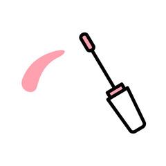 Vector lipgloss brush icon with black stroke, white and pink fill. Lipgloss applicator leaves a pink strokes on a white background