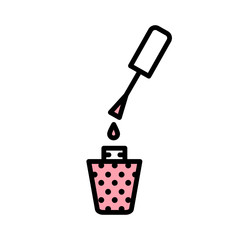 Vector icon nail polish with open cap with black stroke, pink fill and circles texture