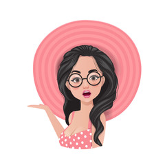 Beautiful brunette girl in a pink dress and hat