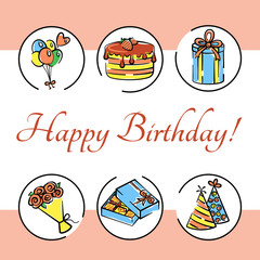 Vector birthday card with a bouquet of flowers, a box of chocolates, holiday caps, gift box, holiday cake, bunch  air balloon hand-drawn