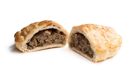Homemade flaky pasty with mince meat filling isolated on white