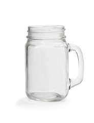 Empty glass jar with handle isolated on white