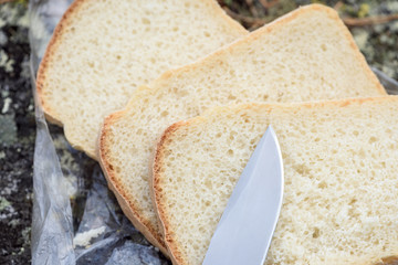 Sliced loaf of white bread on the nature in camping trip.