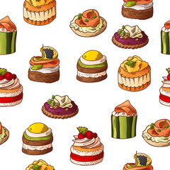Seamless pattern with finger food. Sketch style repeated background. Bruschetta, sandwich, canapes and tapas. Vector illustration