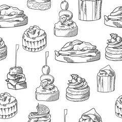 Seamless pattern with finger food. Sketch style repeated background. Bruschetta, sandwich, canapes and tapas. Vector illustration