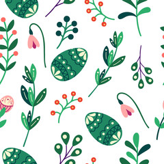 Floral easter seamless pattern. Holiday background with eggs, flowers and leaves. Vector illustration