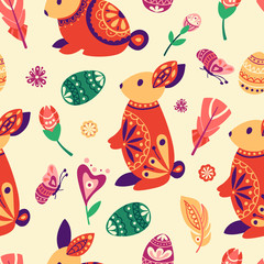 Easter seamless pattern. Holiday background with rabbit, eggs, flowers and leaves. Vector illustration