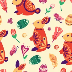 Zelfklevend Fotobehang Easter seamless pattern. Holiday background with rabbit, eggs, flowers and leaves. Vector illustration © astarte7893