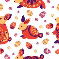 Easter seamless pattern. Holiday background with rabbit, eggs. Vector illustration