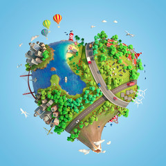Heart shaped world showing a peaceful and sustainable lifestyle, green planet with clean energy and happy mood in sunny day as concept for love and peace. 3d render - 325359550