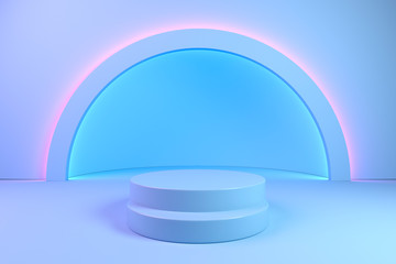 Simple abstract mockup of geometric podium, minimalist composition of shapes and volumes for display stand in pastel blue color, 3d render.