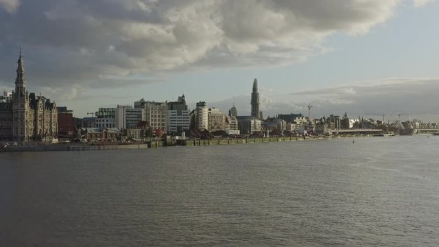 Antwerp Belgium Aerial v28 Flying low over Scheldt River into downtown old town district - November 2019