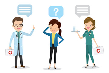 Tired and ill businesswoman and male doctor and female nurse with first-aid kit and pills