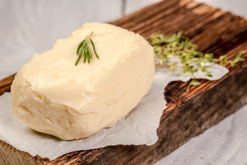 Fresh homemade butter. Background image. Copy space
