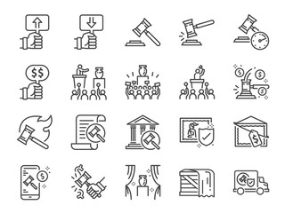 Auction line icon set. Included icons as hammer, price, bidding, judge, auction hammer, painting, deal and more.