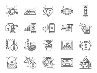 Asset line icon set. Included icons as gold, land, diamond, cash, money, valuables, investment and more.