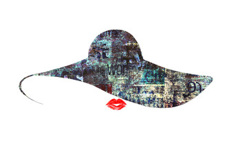 Hand drawn mixed media illustration. Beautiful woman with red lips, black hat with newspaper print