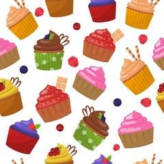 Cartoon Different Muffins with Berries. Flat Funny Cupcakes with Chocolate and Cream Filling. Organic Sweet Dessert Endless Wallpaper. Family Bakery Seamless Patter. Vector Repeated Illustration