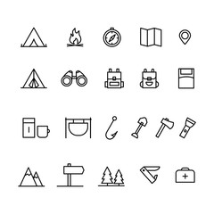 Camping outline icons set. Hiking black line symbols collection.Travelling elements.