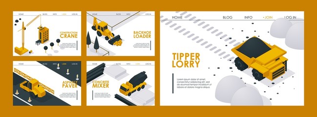 Construction machinery website design vector illustration. Landing page construction transport crane,backhoe loader,asphalt paver,concrete mixer and tipper lorry, truck. Company web page template. © creativeteam