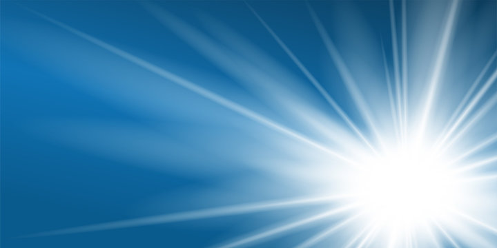 Ray blue background. Shiny graphic. Abstract sun burst. Sunbeam design. Sunny sparkle sky. Summer sunlight. Shine flash template. Explosion glare. Light sunrise. Optic effect. Vector illustration