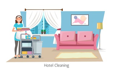 Hotel Cleaning Flat Cartoon Banner Vector Illustration. Maid in Uniform Pushing Trolley Cart with Supplies such as Detergents, Washclothes and Bedclothes. Worker Holding Linen. Couch and Lamp.