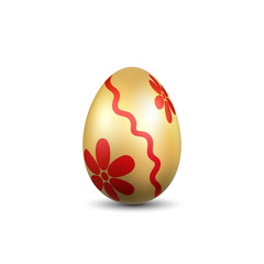 Easter egg 3D icon. Red gold egg, isolated white background. Bright realistic design, decoration for Happy Easter celebration. Holiday element. Shiny pattern. Spring symbol. Vector illustration