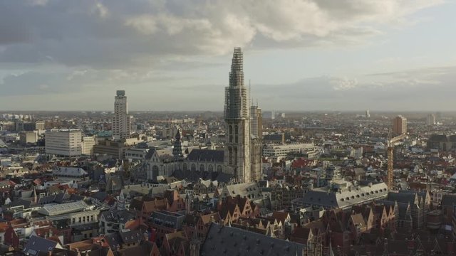 Antwerp Belgium Aerial v30 Flying over downtown with old town cityscape views at sunset - November 2019