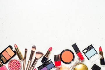 Makeup professional cosmetics on white background.