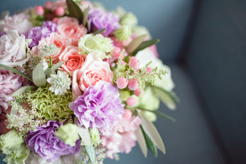 Gentle wedding bouquet. Delicate flower petals in soft focus.