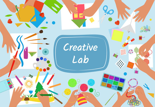 Hands creating handmade work, embroidery, drawing, knitting and scrapbooking. Top view of children hands doing various arts. Hand Drawn vector illustration of creative process.