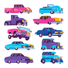 Lowrider auto retro car vector illustration. Set of colorful automobiles vehicle isolated on white background.. Flat design of classic lowrider cartoon machines.