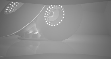 Abstract architectural background, white interior with discs.Neon lighting. 3D illustration and rendering.